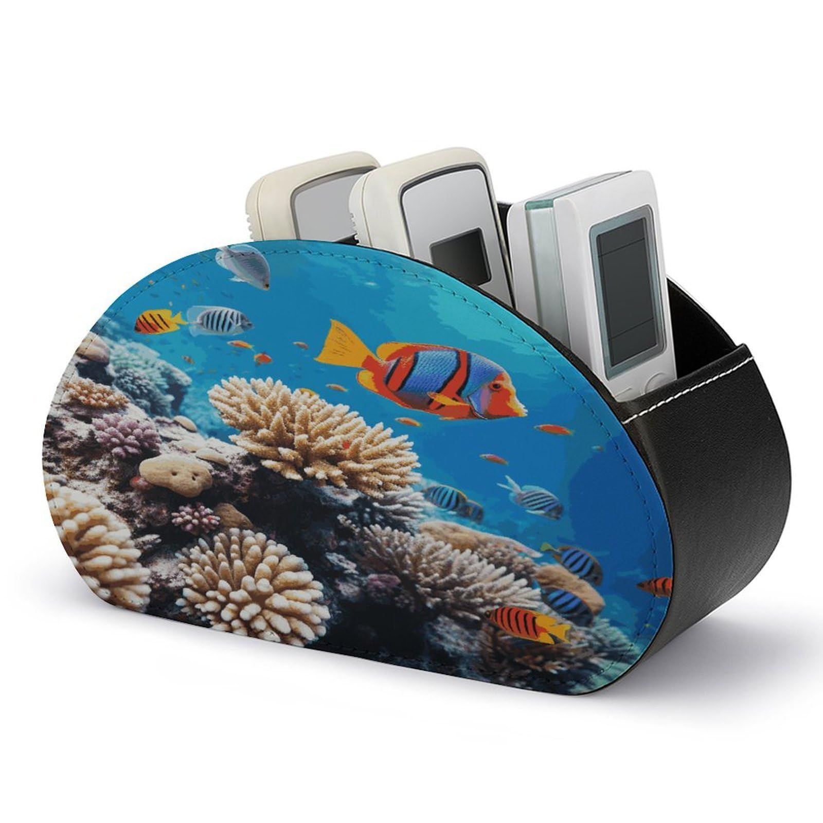 LDGSUPH Ocean Tropical Fish Coral Remote Control Holder with 5 Compartments PU Leather TV Remote Caddy Storage Box Multi-functional Desk Storage Organizer Box Anti-slip Desktop Caddy