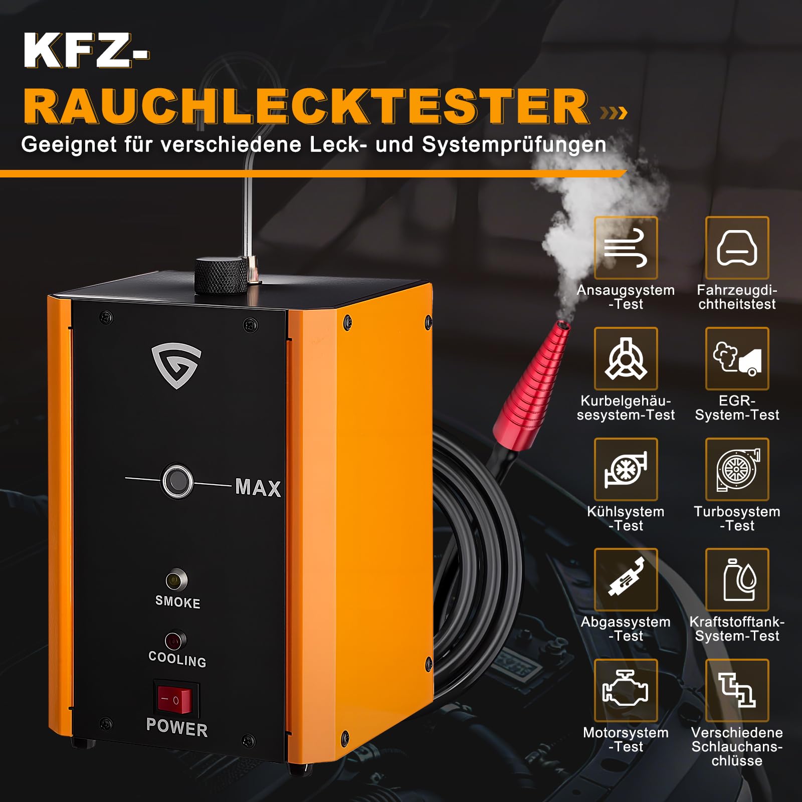 GEARMONSTER Nebelmaschine KFZ Rauchmaschine Lecksuchgerät mit Eingebaute Luftpumpe, DC 12V Rauch Maschine für Autos, Motorräder, Leicht-LKWs, Boote, ATV, Schneemobile