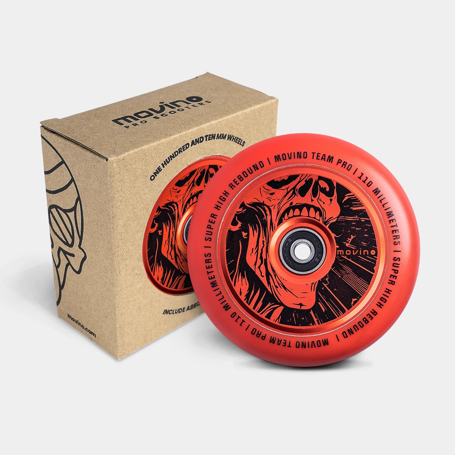 Movino Koła do hulajnogi wyczynowej Koła zapasowe 2 sztuki 110 mm Aluminium Poliuretan Wysokie odbicie 100 kg Obciążenie Team Pro Full Core Skull Czerwony