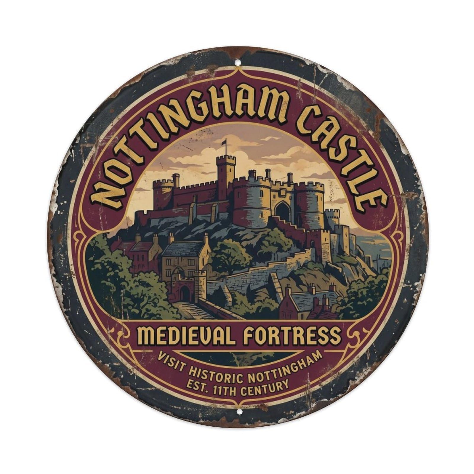 Nottingham Castle Heritage Landmark Vintage Travel Cartography Metal Tin Sign Plaque Wall Decor for Cafe, Man Cave, Club Bar, Office, Home Garden Round Metal Poster 8x8Inch