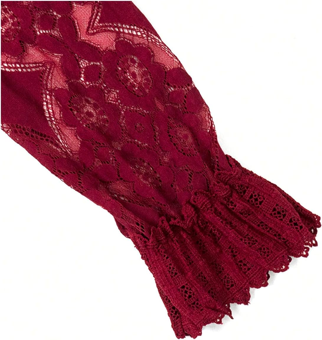 WDIRARA Women's Lace Top Mesh Sheer Blouse Mock Neck Flounce Long Sleeve Shirts - Image 3