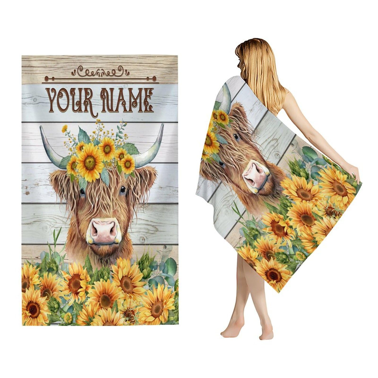 PAKKITOP Beach Towel for Kids Adults, Personalized Highland Cow Beach & Bath Towels Gift with Name for Girls Women, Cute Custom 40x70 Inches