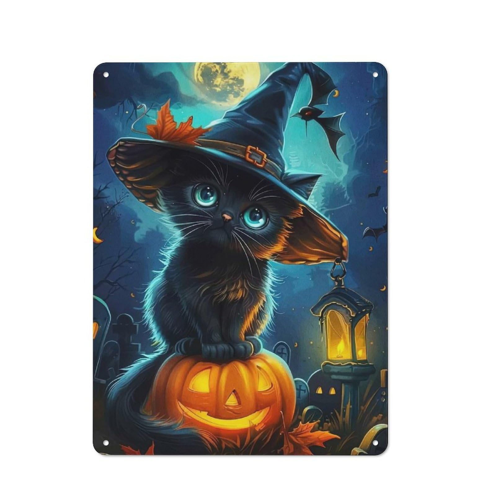 Junmoney Halloween Cat On Pumpkin Tin Wall Plaque 40X30cm With For Hobby Room Or Studio, For Metal Sign Collectors, For Kitchen And Home Bar Decor