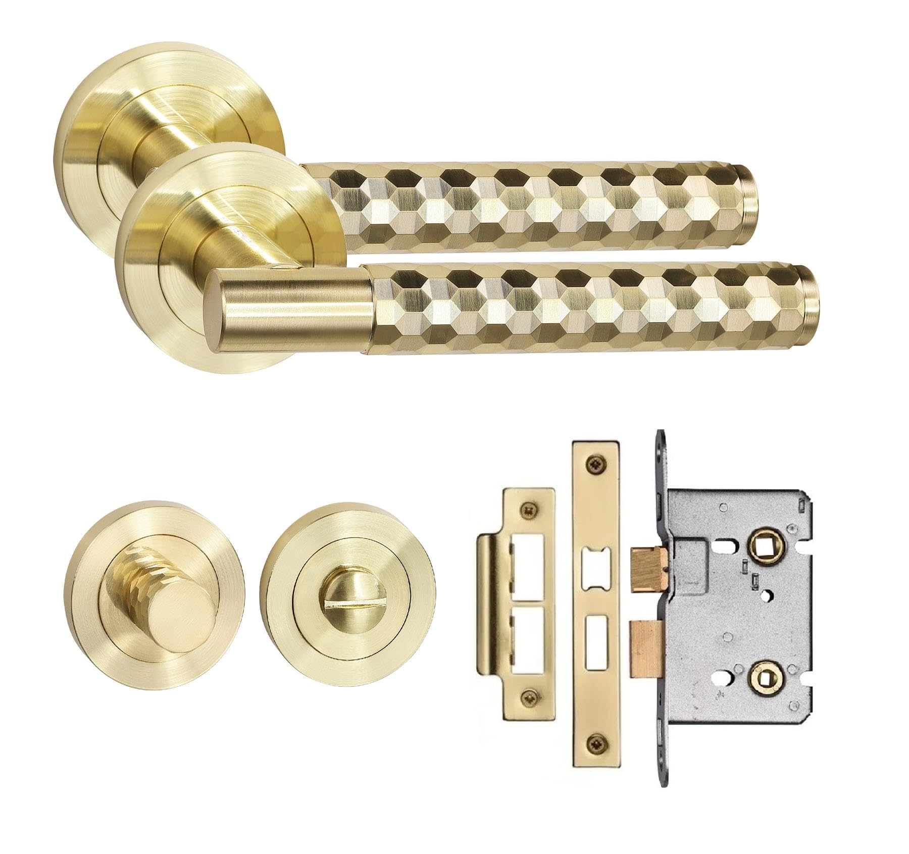 Golden Grace Satin Brass Knurled Hex Cut T-Bar Bathroom Door Handle Set Thumbturn And Mortise Lock