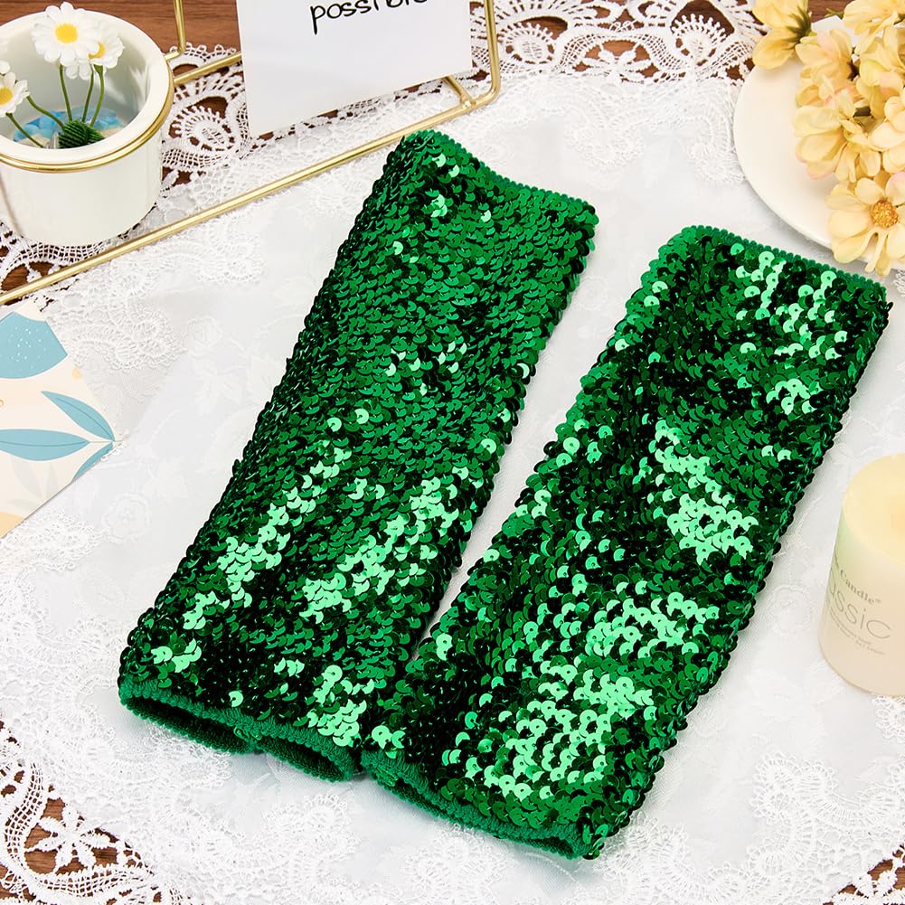 CABODYALS 1 Pair Green Sequin Gloves Glitter Fingerless Sequins Stretchy Long Arm Sleeves Sparkly Shiny Elastic Oversleeves Rave Dance Glove Bulk for Women Party Costumes Stage Performance Accessories - Image 3