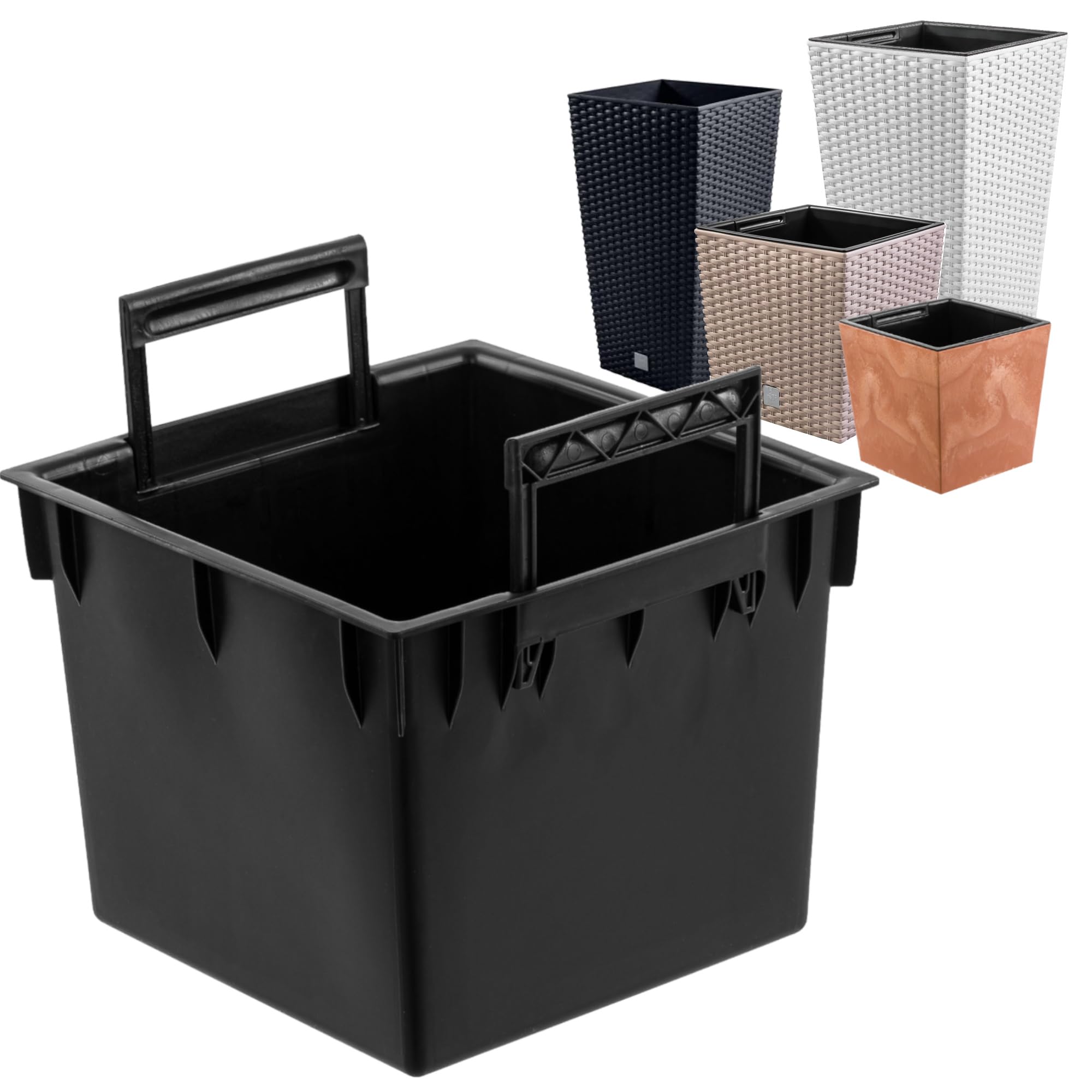 Juego de 2 macetas cuadradas intercambiables de plástico, 25 L, dimensiones 32,5 x 32,5 x 25,5 cm, para macetas Prosperplast, altura de 61 cm, con asas, para uso exterior e interior