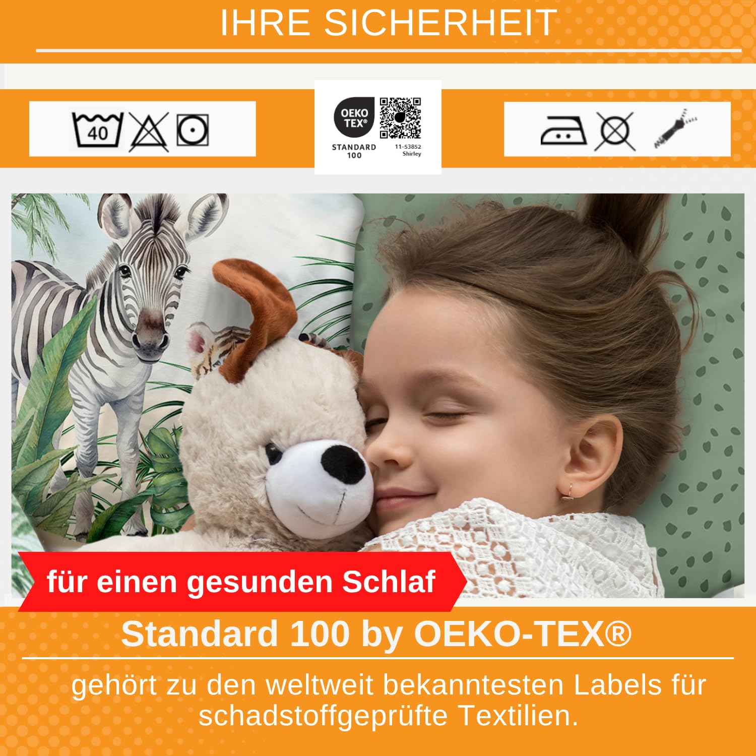Aminata kids Bettwäsche Zootiere 135x200 Mädchen und Jungen 100% Baumwolle YKK Reißverschluss grün Kinderbettwäsche Dschungel Giraffe Löwe Zebra AFFE