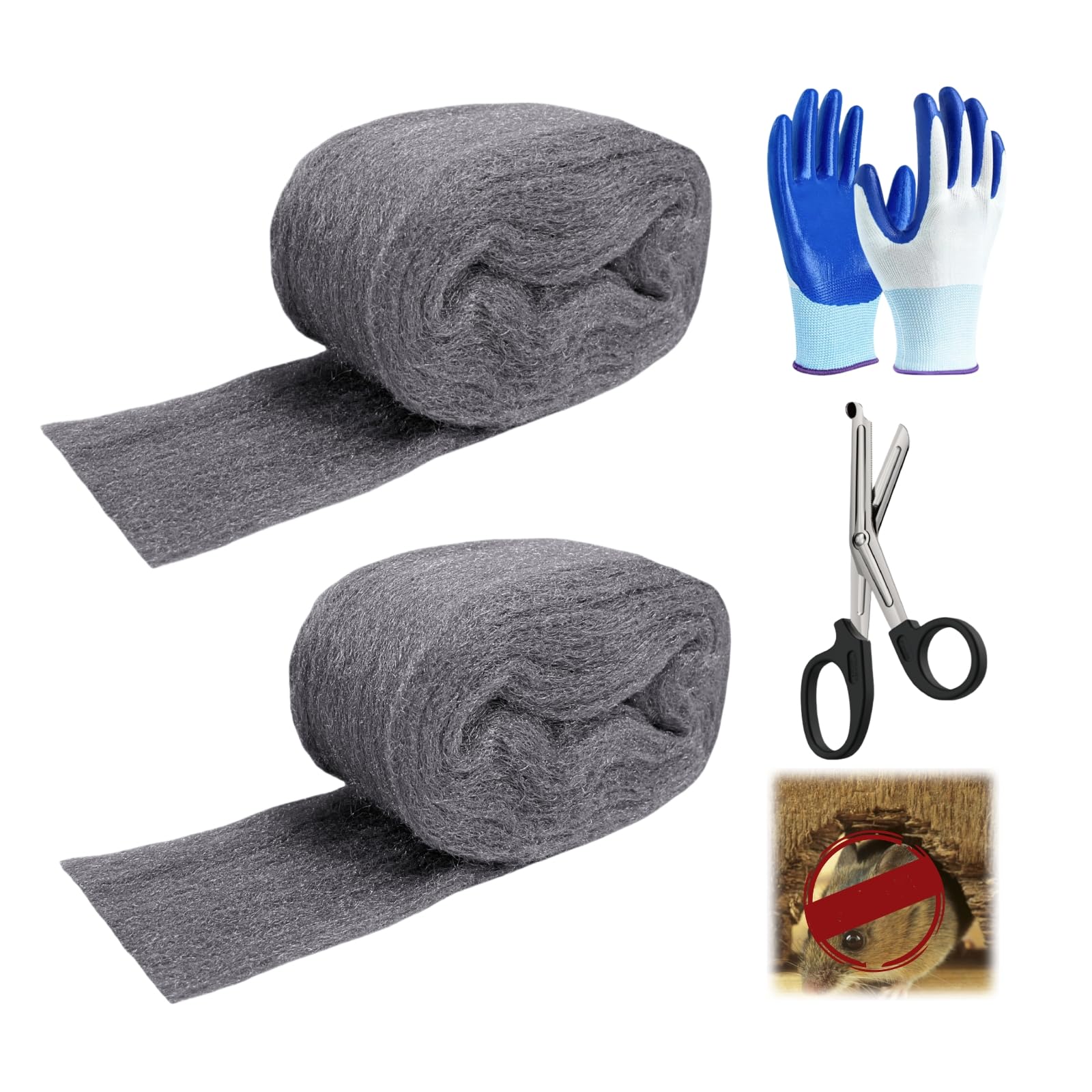 Steel Wool Mice Control - 2 Pack 3'' x 11Ft Steel Wool 0000 - Fine SteelWool Included Work Gloves & Scissors - Mouse Wall Hole Filler for Home, Garden