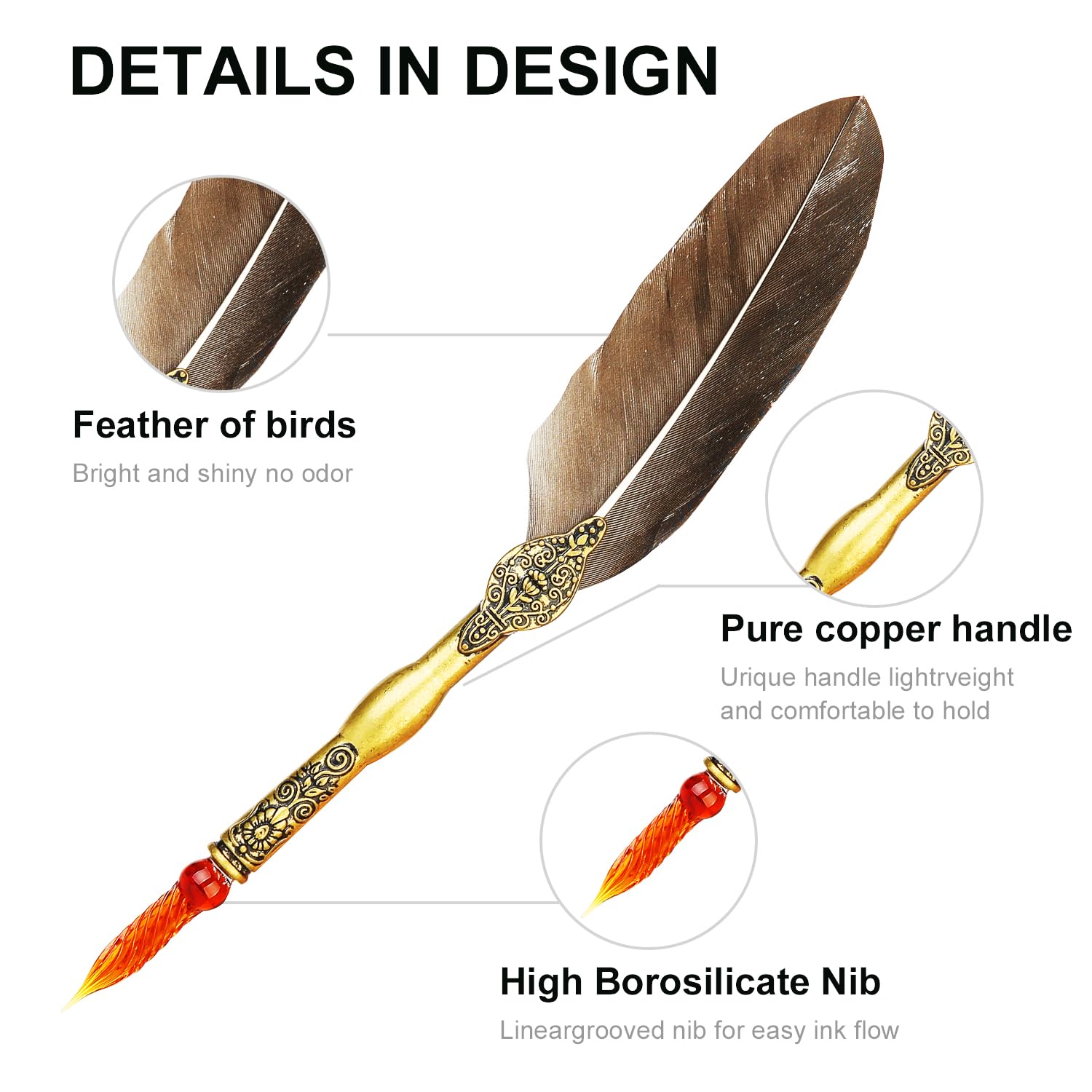 GC QUILL Feather Glass Dip Pen and Ink Set, Glass Calligraphy Pen with 3 Colors Ink and Pen Holder for Writing Drawing– MU-16