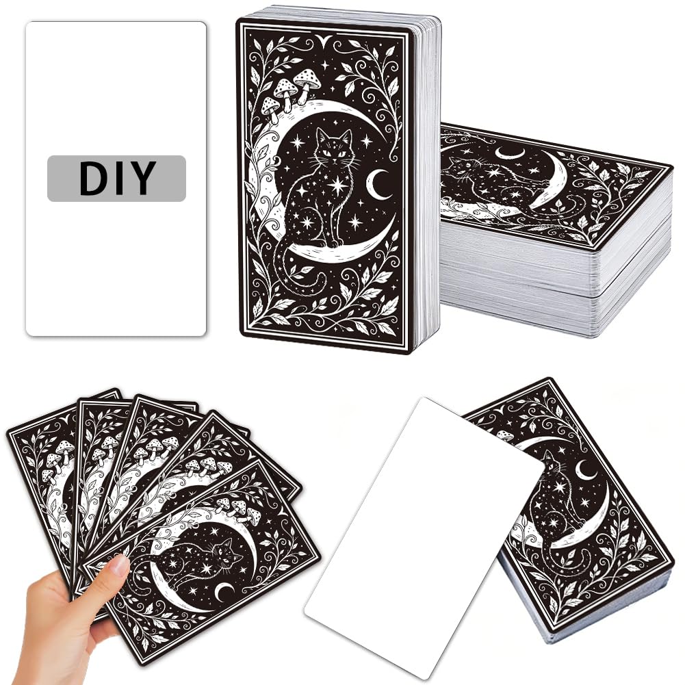 PRESSINART 100Pcs DIY Tarot Cards to Write On 2.71 x 4.72 Inch, Blank Playing Cards with Back Black White Cat Moon Design Make Your Own Oracle Decks for Tarot Practice Divination Reading Craft Kit