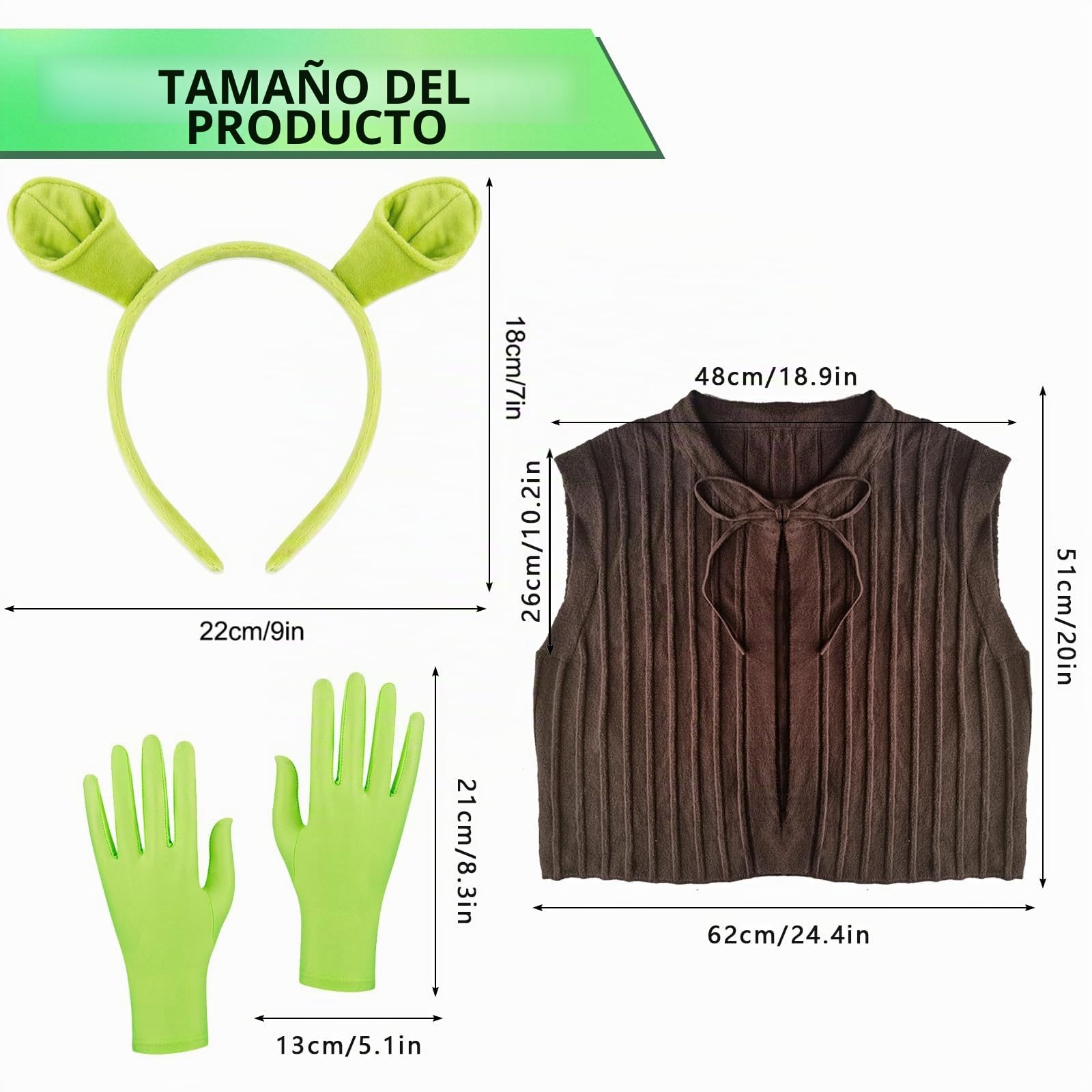 Hifot 3 Piezas Diadema Ogro Verde Mujer Hombre Diadema con Orejas Chaleco marrón guantes verdes Halloween Accesorios Pelo Mujer para Fiesta Cosplay Carnaval Disfraz Adulto