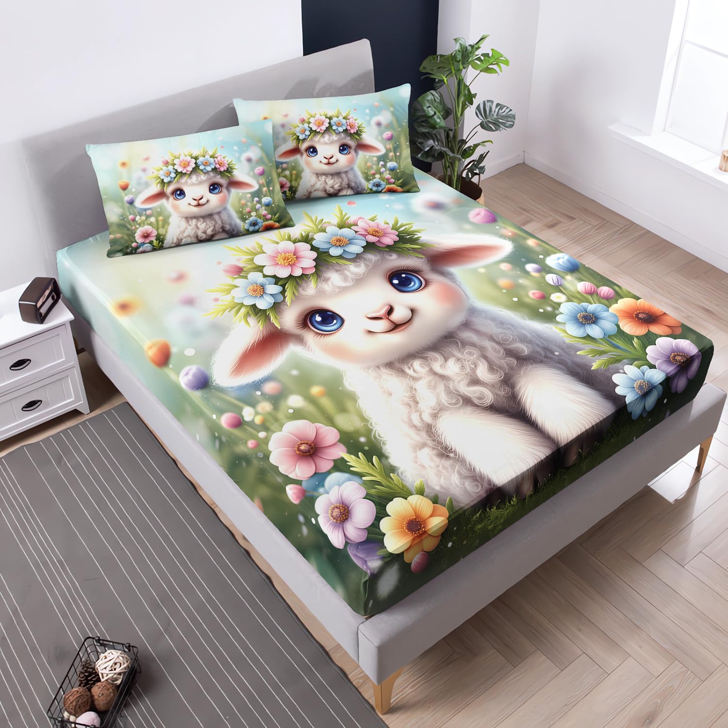 Cartoon Sheep Full Fitted Sheet,Cute Farm Animals Themed Bedding Set for Kids Girls Boys Room Decor,1 Fitted Sheet+2 Pillowcases.
