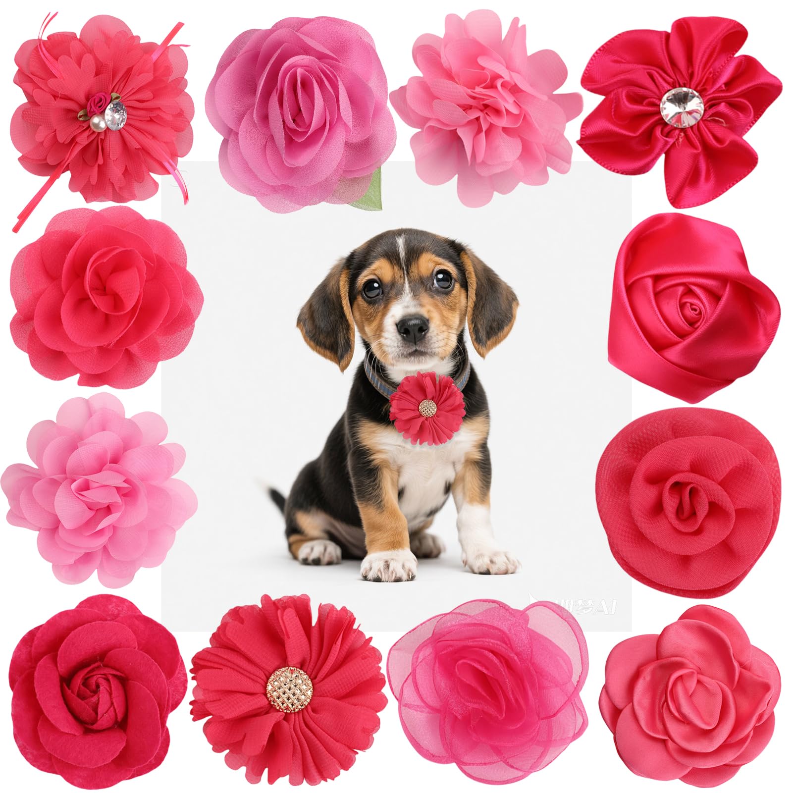 12 Pcs Rose Pink Dog Collar Flowers Attachment Detachable Embellishment with Elastic Rubber Band Soft Chiffon Cat Bow Tie Charms for Female Dogs