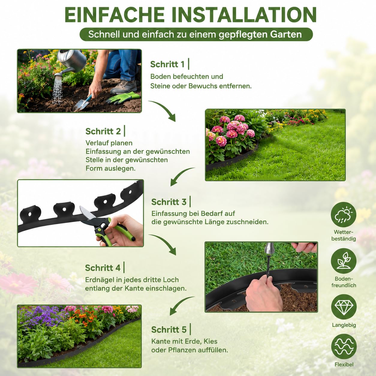 Rasenkante 10 m aus Kunststoff – Flexible Beeteinfassung & Gartenkante mit 35 Erdspießen, 5 cm hoch, schwarz – Für Beetumrandung, Mähkante, Rasenkante & Beetabgrenzung – Ohne Graben
