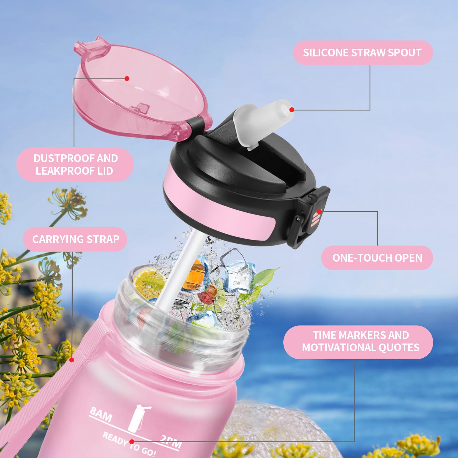 Borraccia 1L, Bottiglia Motivazionale con Cannuccia, a Prova di Perdite, Facile Pulizia, Bottiglia Acqua con Indicatore del Tempo, Sportiva Bottiglia per Adulto, Campeggio, Ufficio, Lavoro, Gym