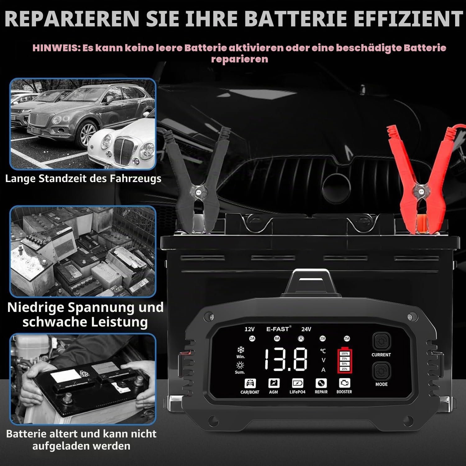 25A Autobatterie Ladegerät, 12V/24V Lifepo4 Smart Vollautomatische Ladegeräte für Autobatterien KFZ Batterieladegerät mit LCD-Bildschirm für Auto LKW Motorrad Rasenmäher Boot