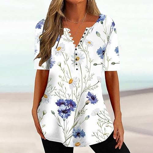 Miniatura 2 de Camisas de verano para mujer, estampado de cuello en V, manga corta, estampado floral, camisetas relajadas, atléticas, de tela cómoda