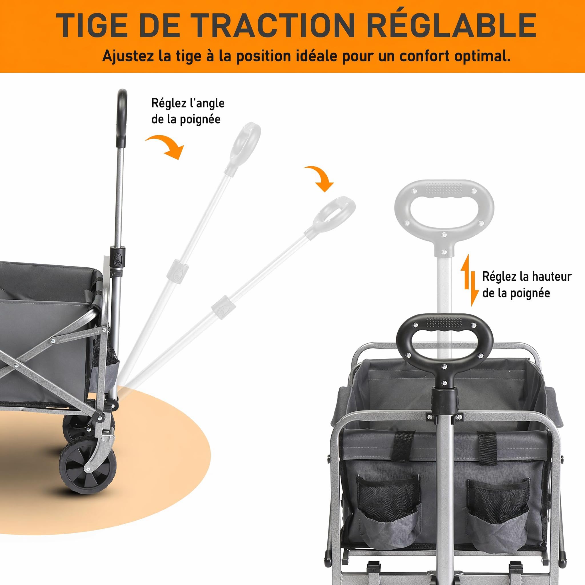 Chariot Pliable à Roulette - Chariot de Plage, Roues Tout-Terrain, poignée réglable, Taille compacte(74x45x84 cm) - avec Jusqu’à 100kg - Idéal pour Camping, Plage, Jardinage, Gris