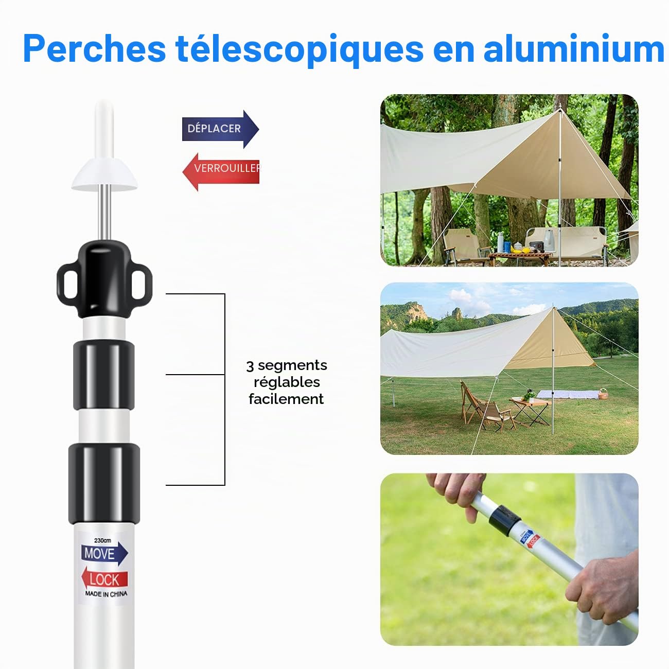 Poteaux de tente, LAMA [Pack de 2 90-230cm] Piquet de camping télescopique avec 6 piquets de tente et 6 cordes en nylon pour moustiquaire de tente, tentes, bâches, auvents, camping, abris, toile de