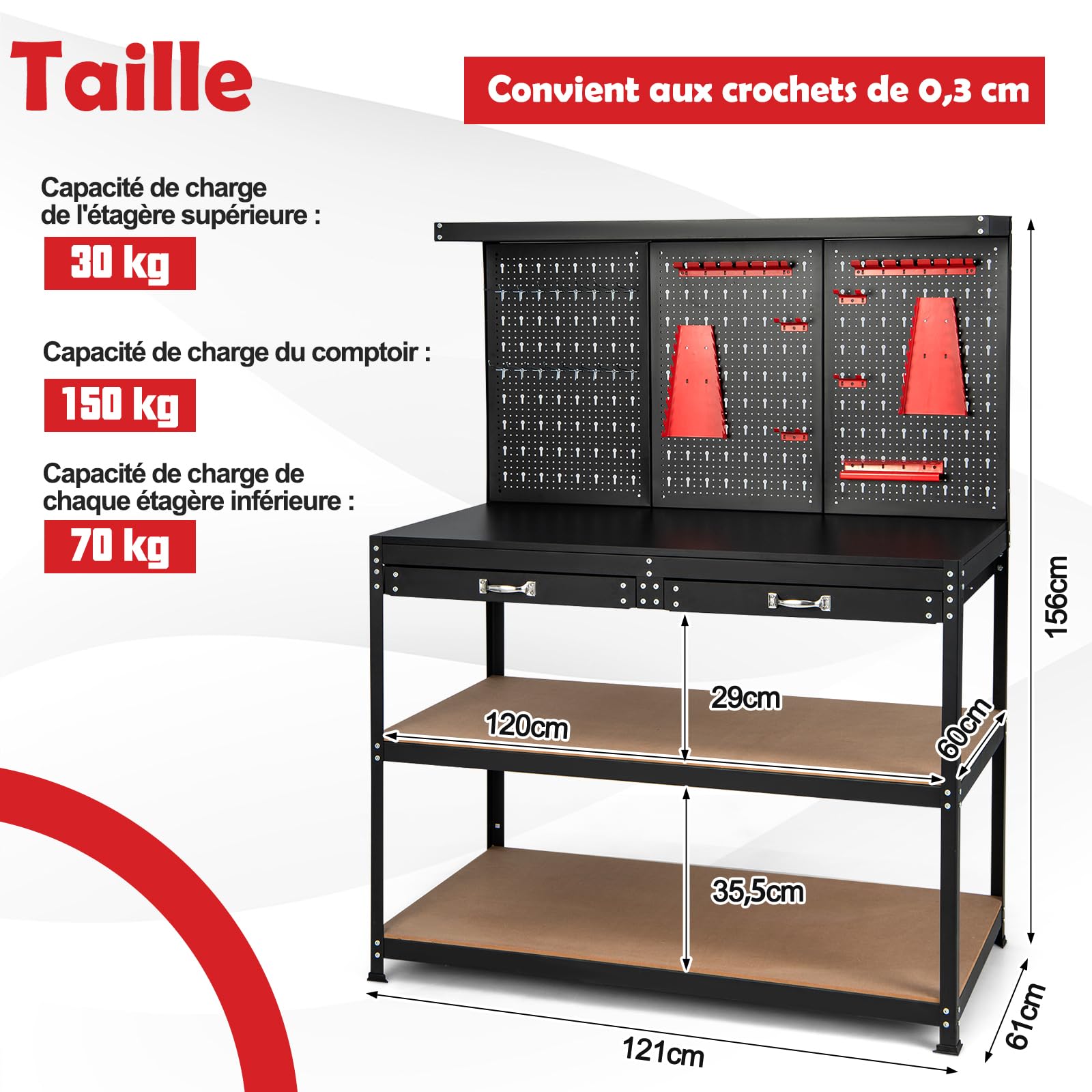 GYMAX Établi Atelier Garage 121x61x156cm, 25 Accessoires de Suspension Inclus, Panneau Perforé, 2 Tiroirs, Etagères de Rangement, Organisateur d'Outils, Table de Travail Bricoleur