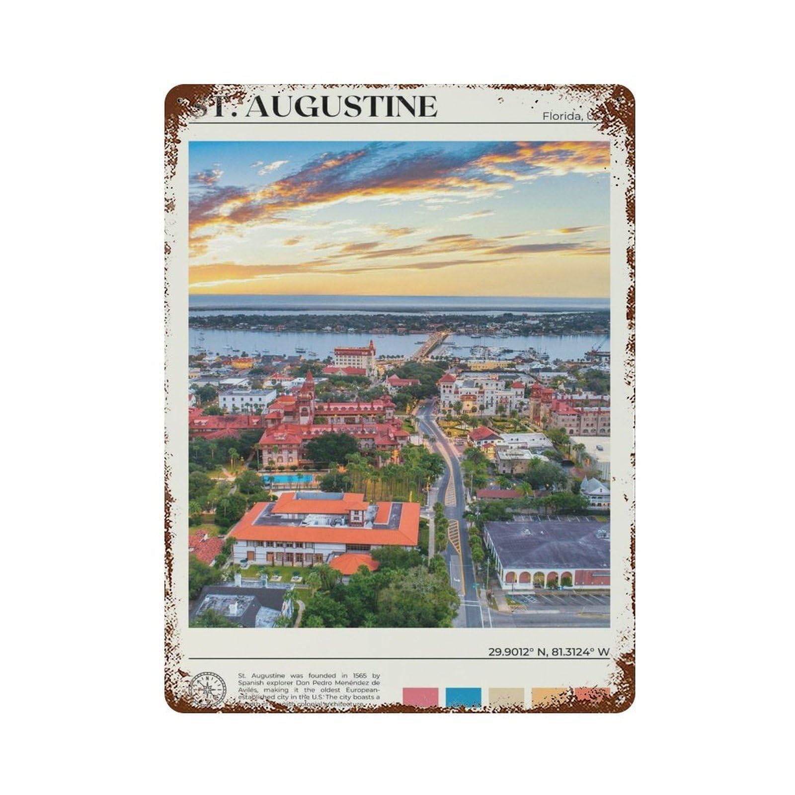 xiaoxiaoshen Real Photo St Augustine Saint Florida Wall Decor Art Metal Tin Poster Modern Home Decor Art Home Bar Shop Decorations Vintage Sign 40x30cm