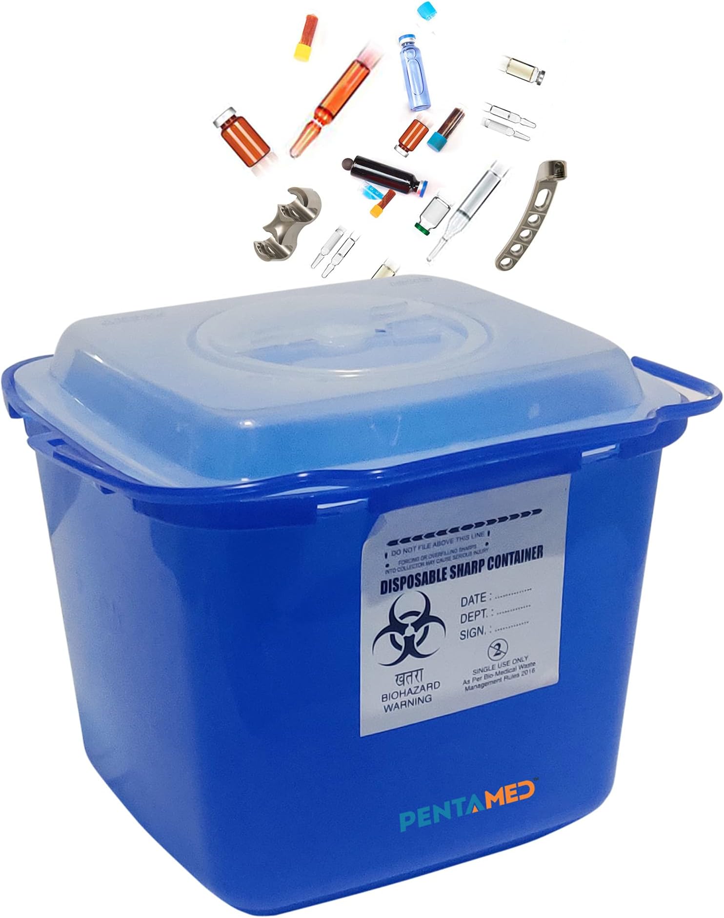 PENTAMED Blue Sharps Containers | Glass Waste and Metallic Implants | Bio-hazard | Bio-Medical Sharps Container Puncture Proof Box | (1.5 | 3.5 | 5.5 Liters) (1.5 Ltr)