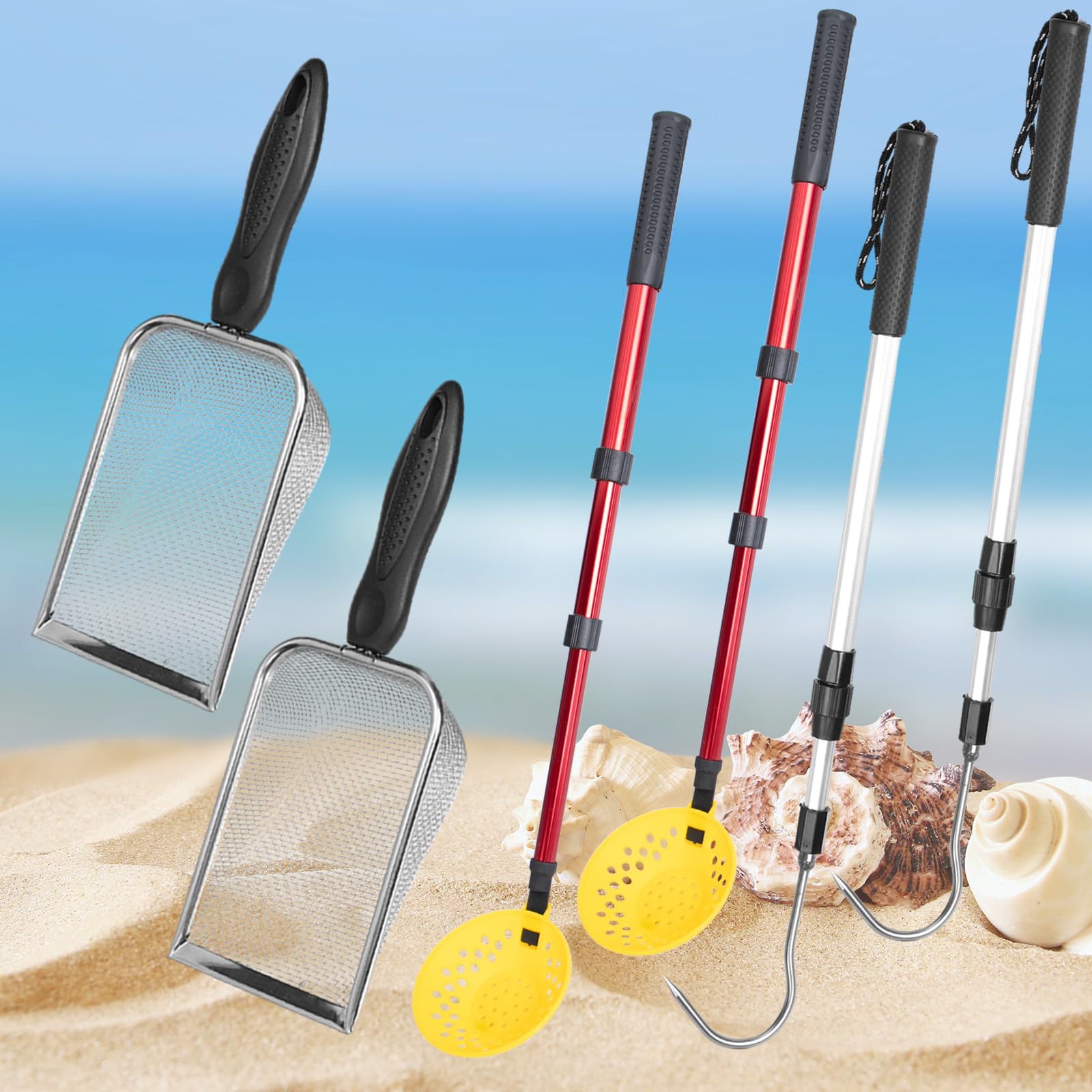 6Pcs Shelling Tools for Beach, Beach Scoop with Extra Long Adjustable Handle, Beach Shovel for Kids Girls Boys Picking Up Shells Toys