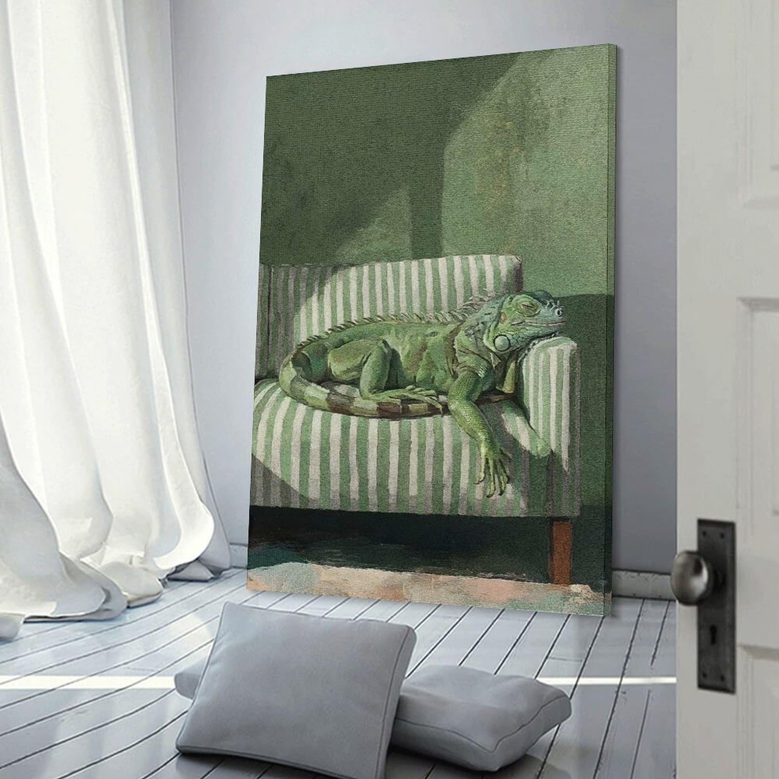 Junmoney Iguana Resting on Striped Couch Wall Picture Print 16x24inch(40x60cm), for Entryway, Lounge Links Or Small Walls, Decorative Wall Art for Narrow Spaces