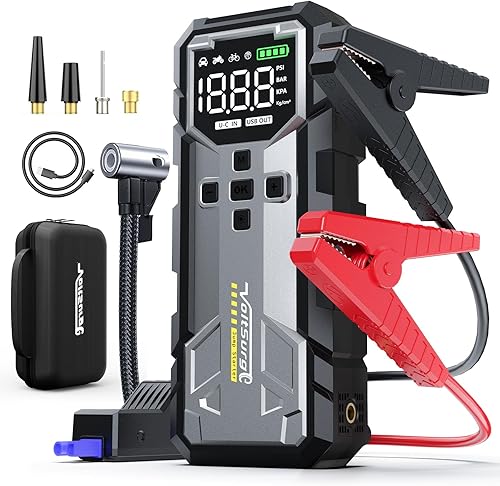 8000A Jump Starter with Air Compressor, 12V Jump Box for Car Battery (All Gas/10.0L Diesel) Portable Jumper Starter Pack with 150PSI Auto Tire Inflator, LCD Display, Lights & Booster Cable