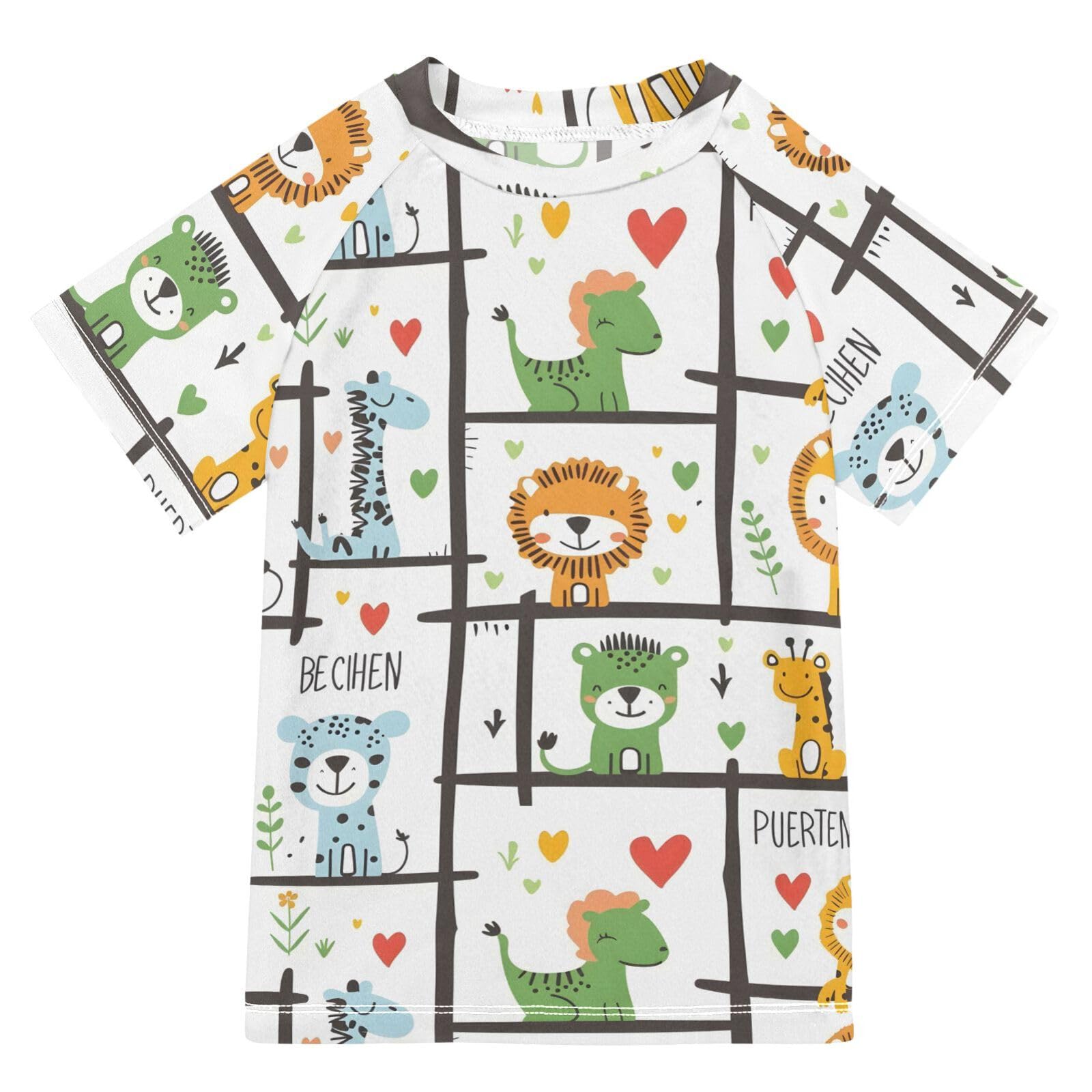 ALAZA Kids Rash Guard Boys Toddler Swim Shirts Short Sleeve Cute Cartoon Animals UPF 50+ 3T