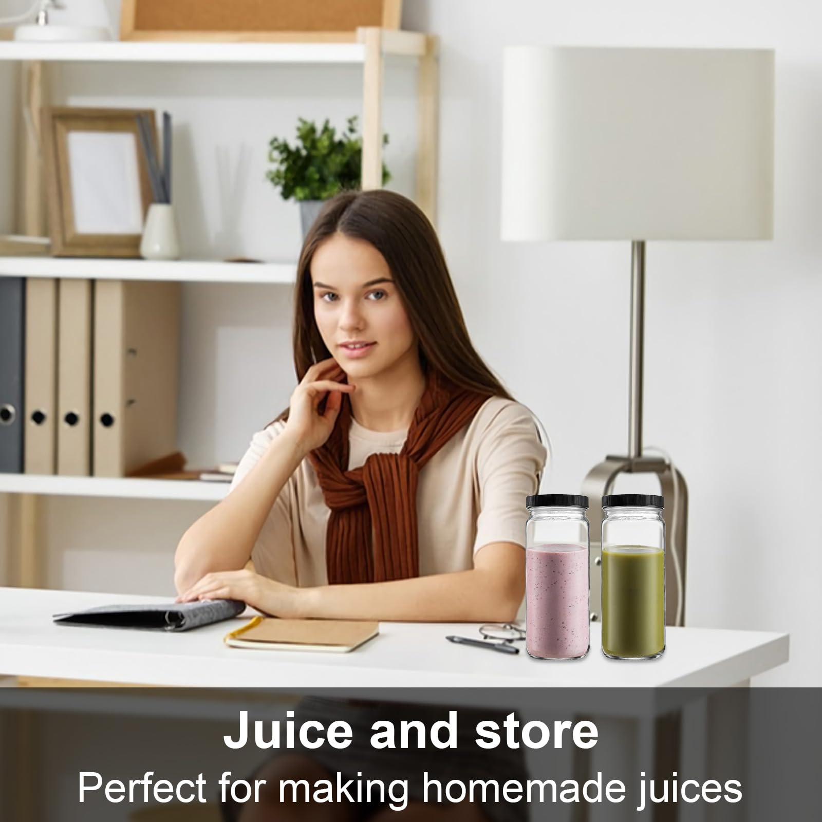 Paquete de 4 botellas de vidrio para jugo, tarros de viaje de 16 onzas, vasos de agua con tapas herméticas negras, tarro alto reutilizable para jugo, té de burbujas, batidos, té, kombucha (negro)