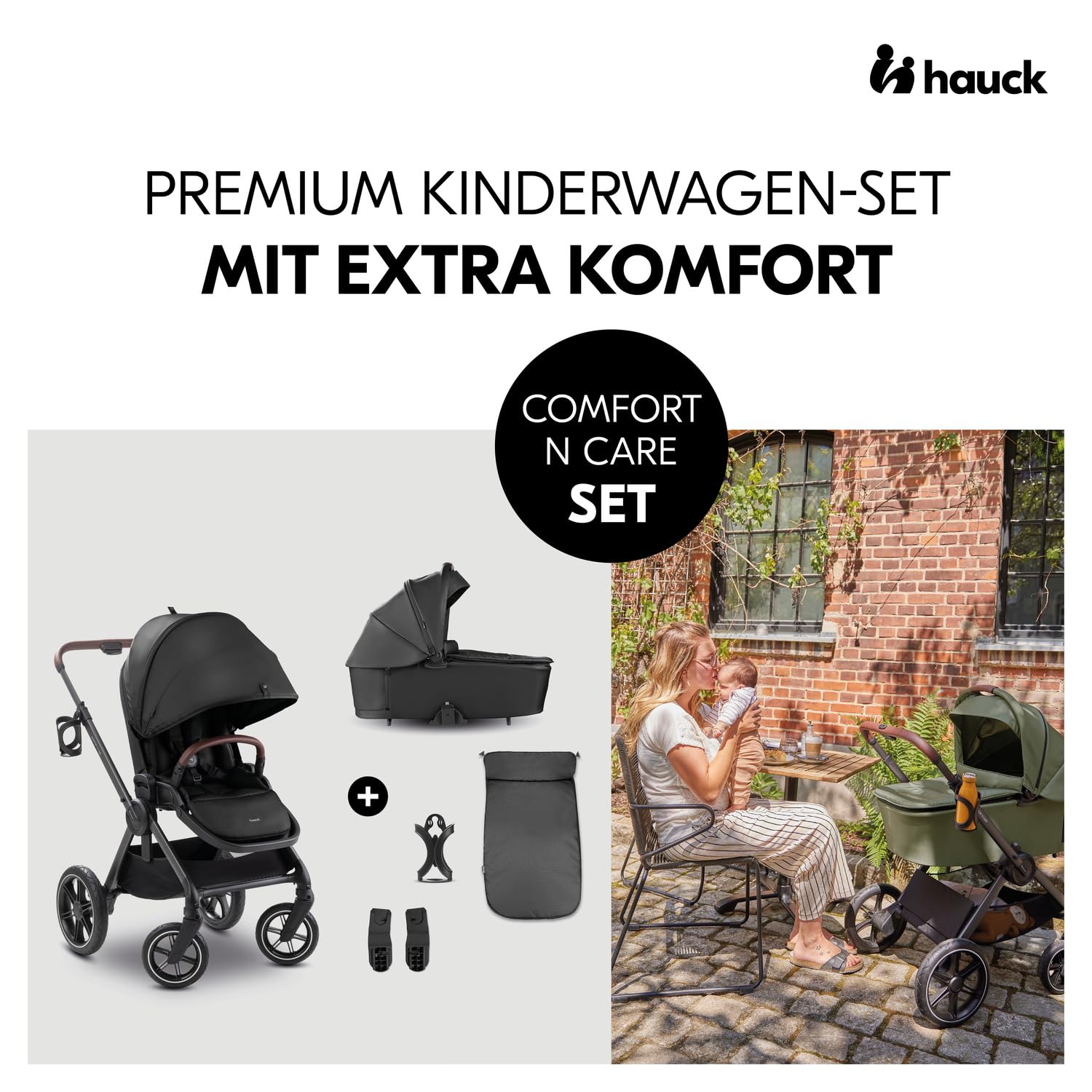 hauck Comfort N Care Set, Black - Passeggino 2in1 con Ruote di Gomma, Navicella Neonato con Pulsanti Memoria, Seduta Reversibile Reclinabile fino a 22 kg, Coprigambe, Portabibite, Sospensione