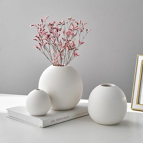 Miniatura 3 de Juego de 3 jarrones de cerámica blanca para decoración del hogar, jarrones redondos para hierba de las pampas, jarrones de flores de estilo