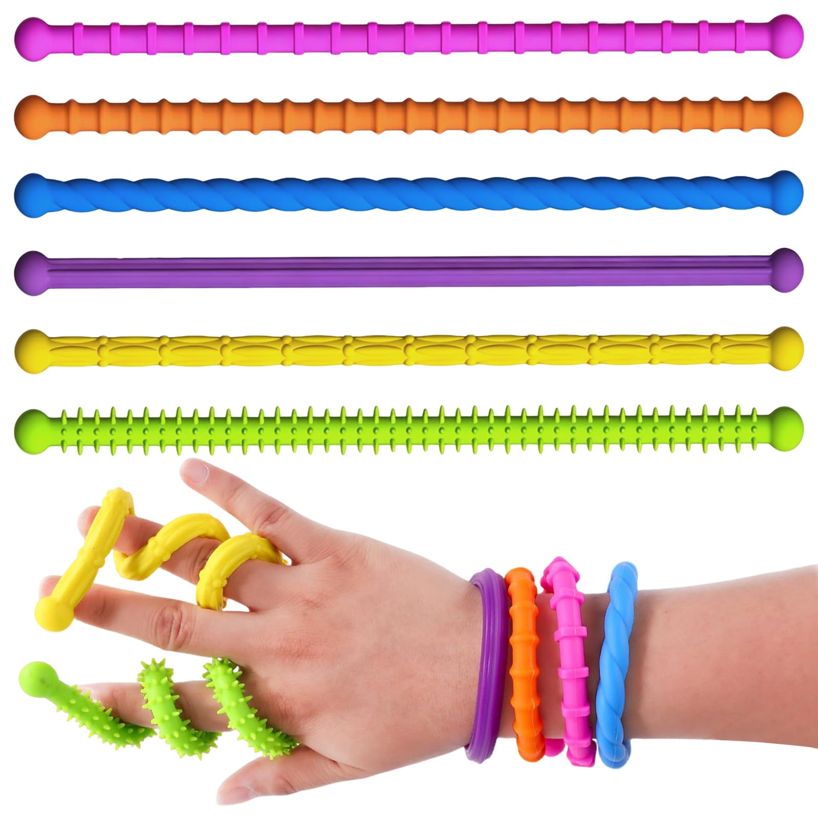 HORREX Fidget z teksturą ADHD, 6 sztuk, silikonowe zabawki, różne rozciągliwe kolory, sensoryczna zabawka antystresowa do ADHD, z autyzmem, łagodzi lęk i stres