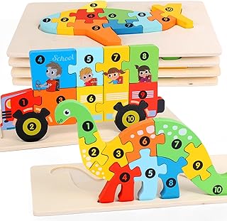 Toddler Puzzles, Wooden Puzzles for Kids Ages 3-5, 6-Pack Educational Puzzles for Kids, Jigsaw Puzzles for Kids 3-5 Years, Children Puzzles, Animal and Transportation Wooden Shape Puzzles