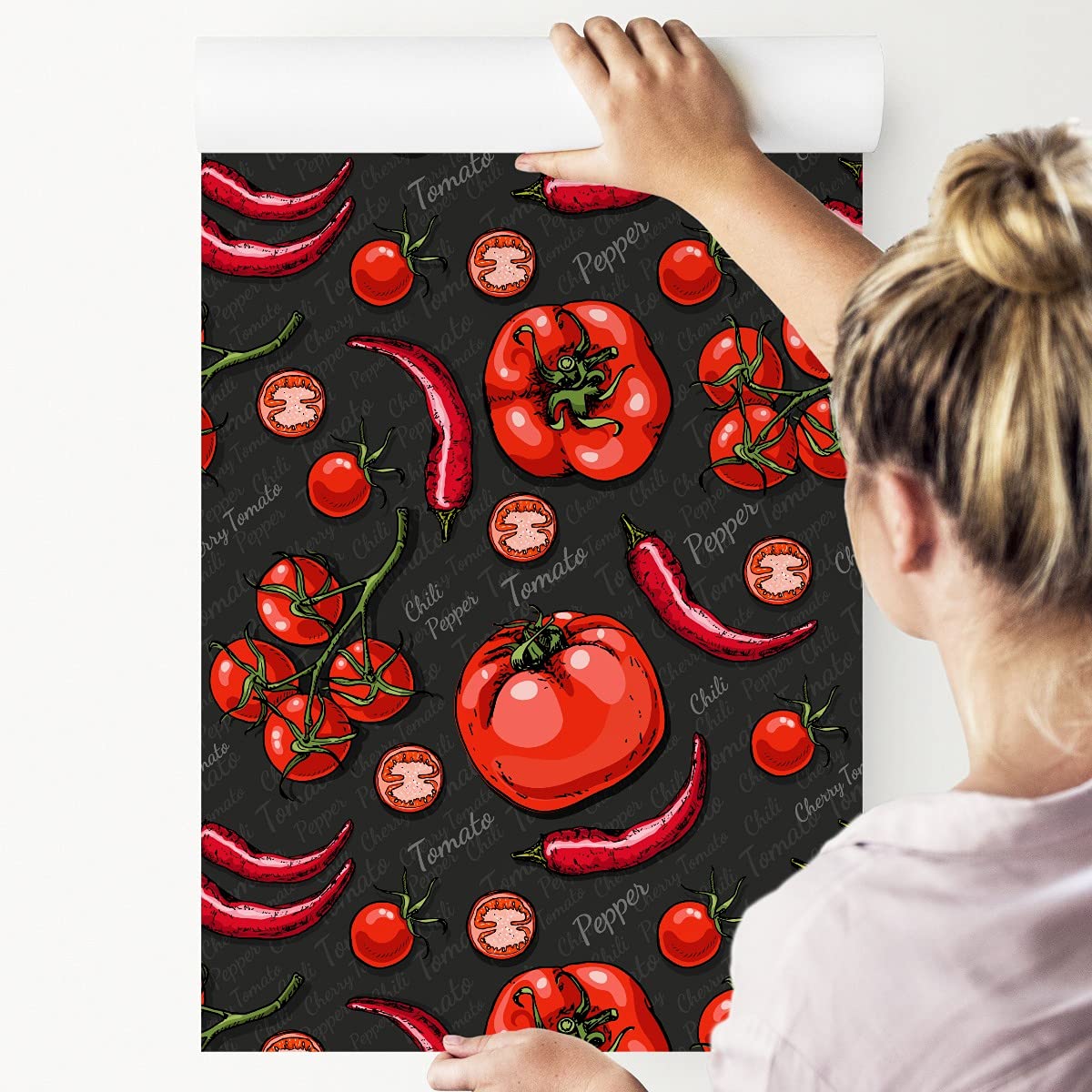 Muralo Tapeta 10 m, rolka flizeliny, jedzenie, warzywa, papryka, pomidory, napisy, tapeta z włókniny, 1000 x 53 cm, tapeta ścienna, do salonu, sypialni, nowoczesna dekoracja ścienna