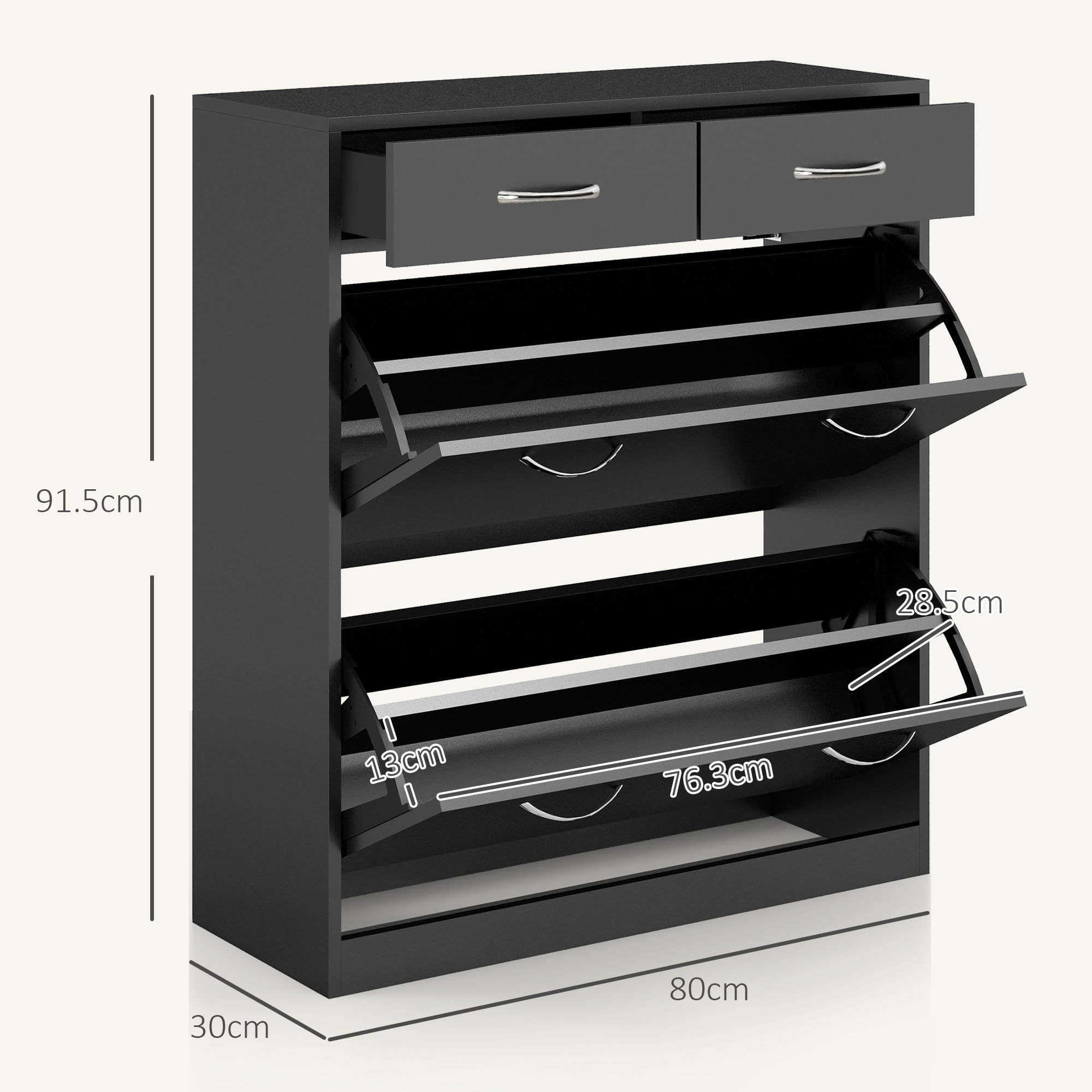 HOMCOM Scarpiera Moderna con 2 Ripiani Interni Regolabili e 2 Cassetti da 12 Paia di Scarpe, Mobile per Scarpe Salvaspazio in Legno, 80x30x91.5 cm, Nero
