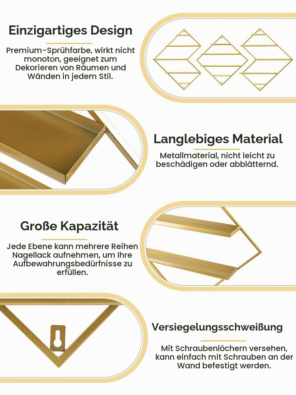 Kalolary 3 Stück Nagelllack Ständer aus Metall zur Wandmontage, Gold Präsentationsregal Kosmetikvitrinen Lippenstift Parfüm Wandregal Ätherische Öle Organizer für Zuhause Spa Nagelstudio Geschäft
