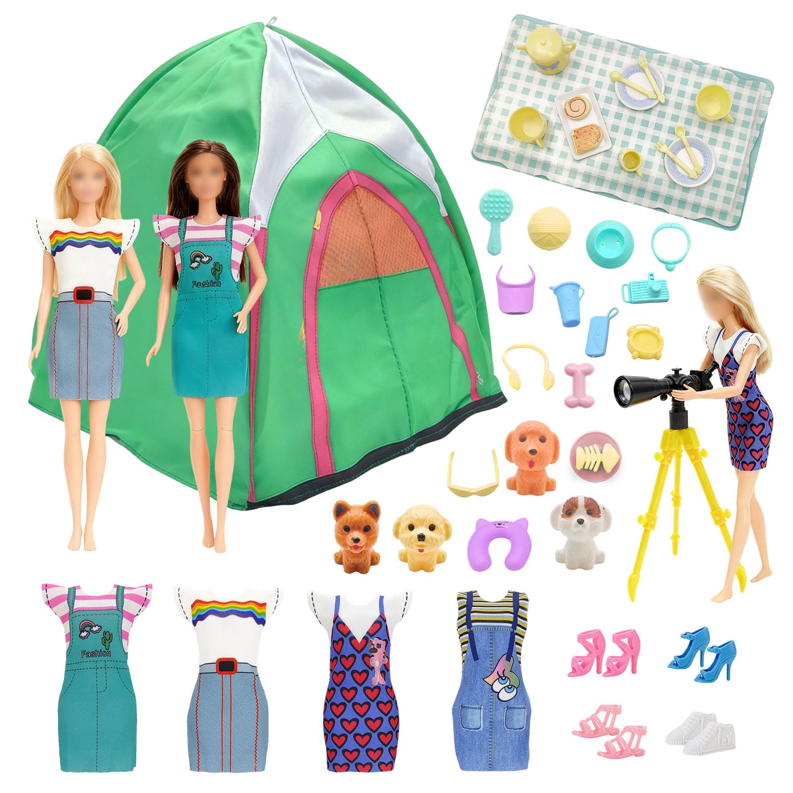 Set di 43 tende da campeggio da viaggio compatibili con Barbie, accessori per bambole da 29,9 cm con 1 tenda per bambola, 4 abiti, 4 scarpe, 4 mini cucciolo, 7 animali domestici, 1 binocolo, 14