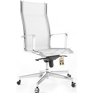 Silla de Escritorio Ergonómica, Silla de Oficina Giratoria con Apoyo Lumbar, Sillón de Despacho Ajustable y Cromado, Diseño Italiano - Cromado Blanco