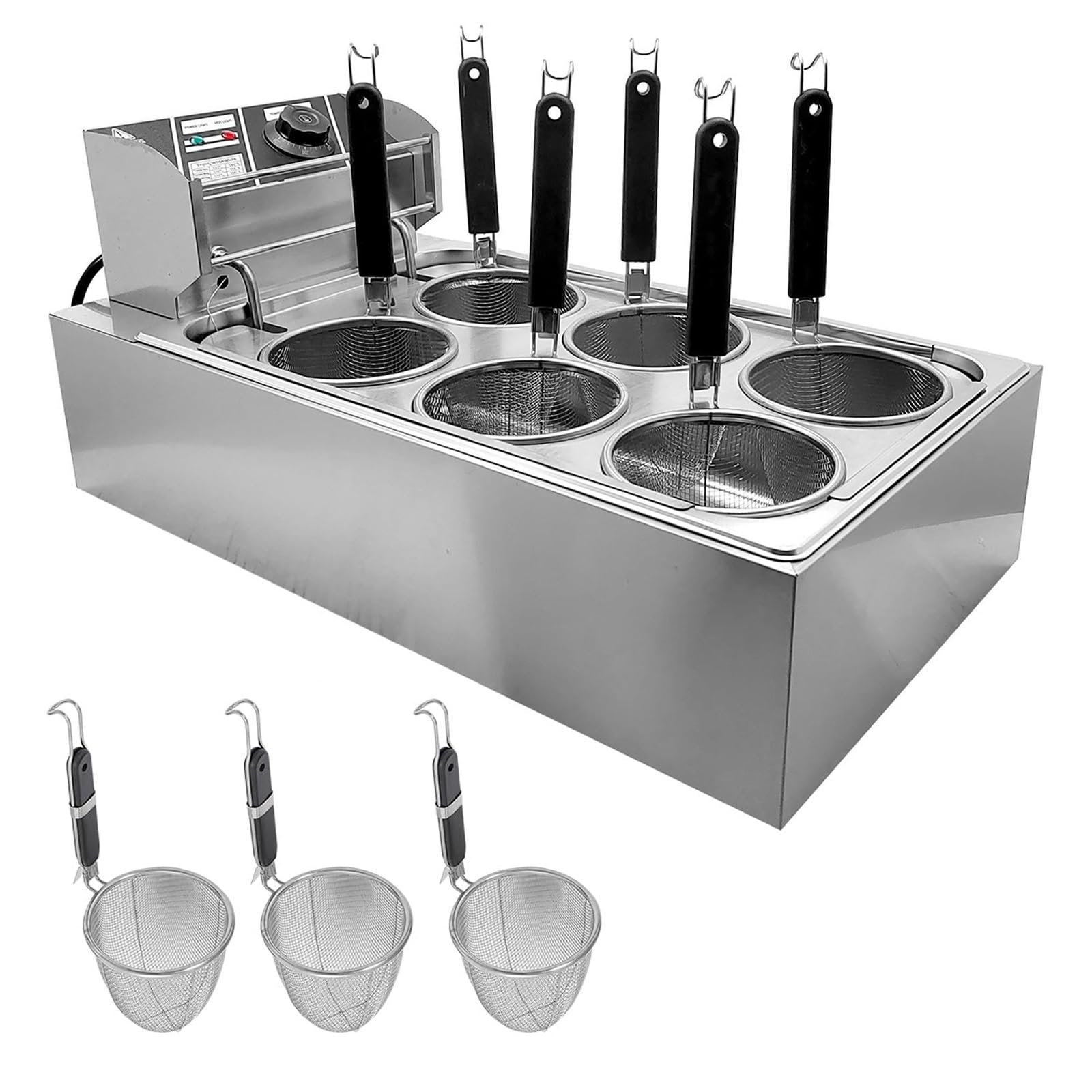Macchina per la Cottura di Noodles Professionale, friggitrice elettrica con Filtro per Noodles e cestello Rimovibile, cuocipasta Elettrico da Tavolo con Controllo della Temperatura(6 Holes)