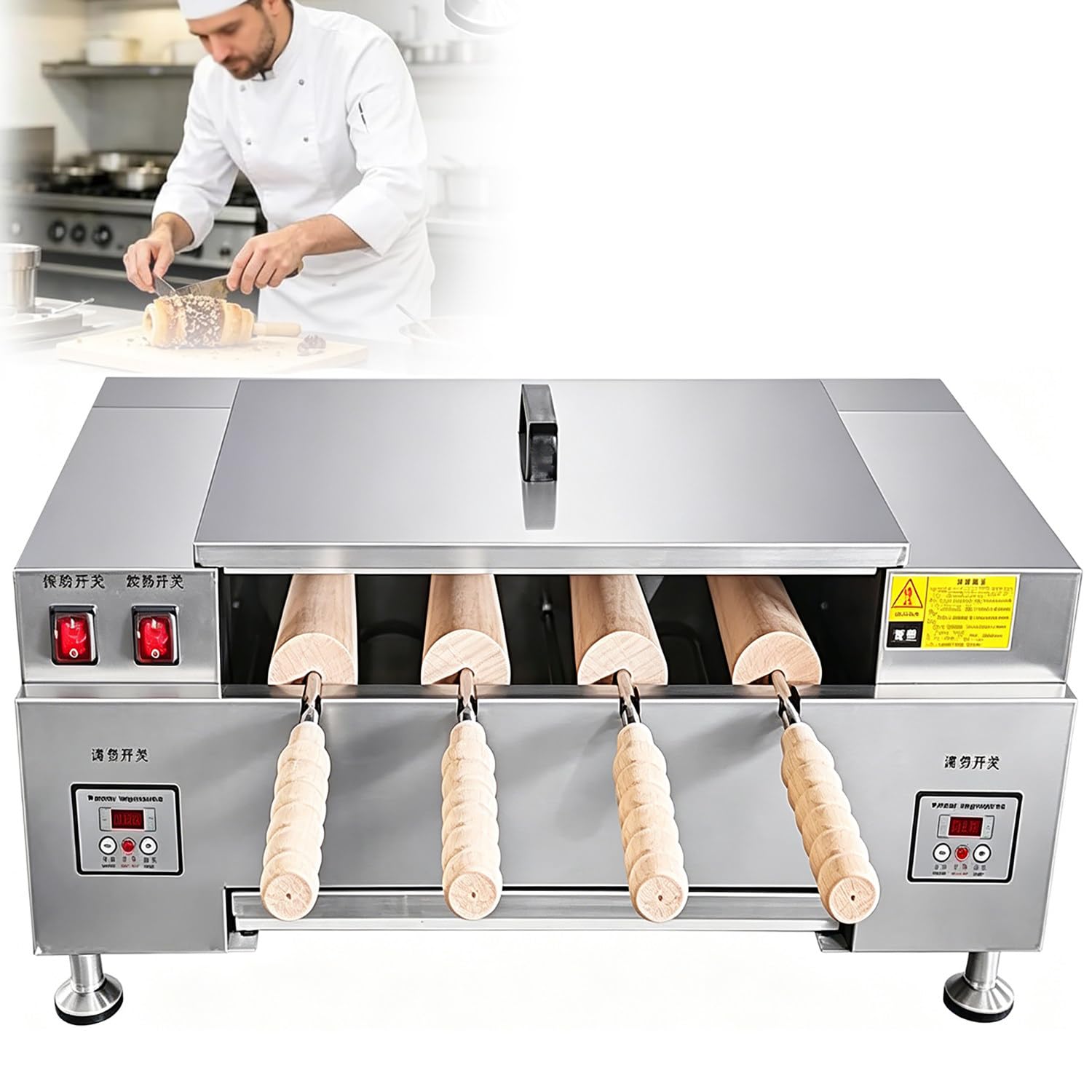 Azcabjie 4 Pcs Non-Stick Roller Chimney Bread Oven Machine, Electric Ice Cream Cone Baking Grill, 3000W Chimney Cake Roll Maker for Snack Making Digitaldisplay