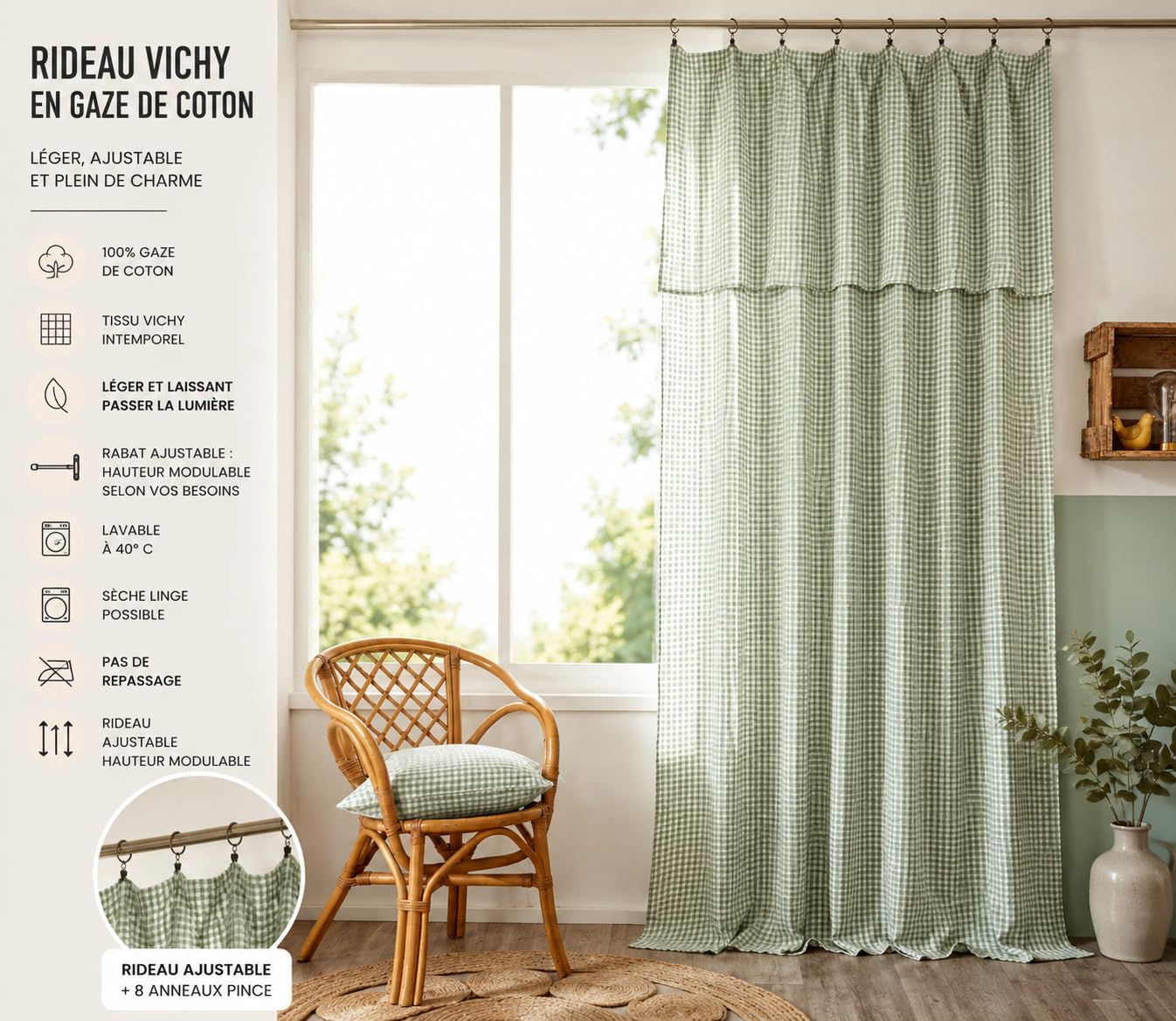 Rideau Ajustable Vickie Double Gaze de Coton Vichy 140 x 300 cm Eucalyptu | Double gaze de coton douce et naturellement gaufrée