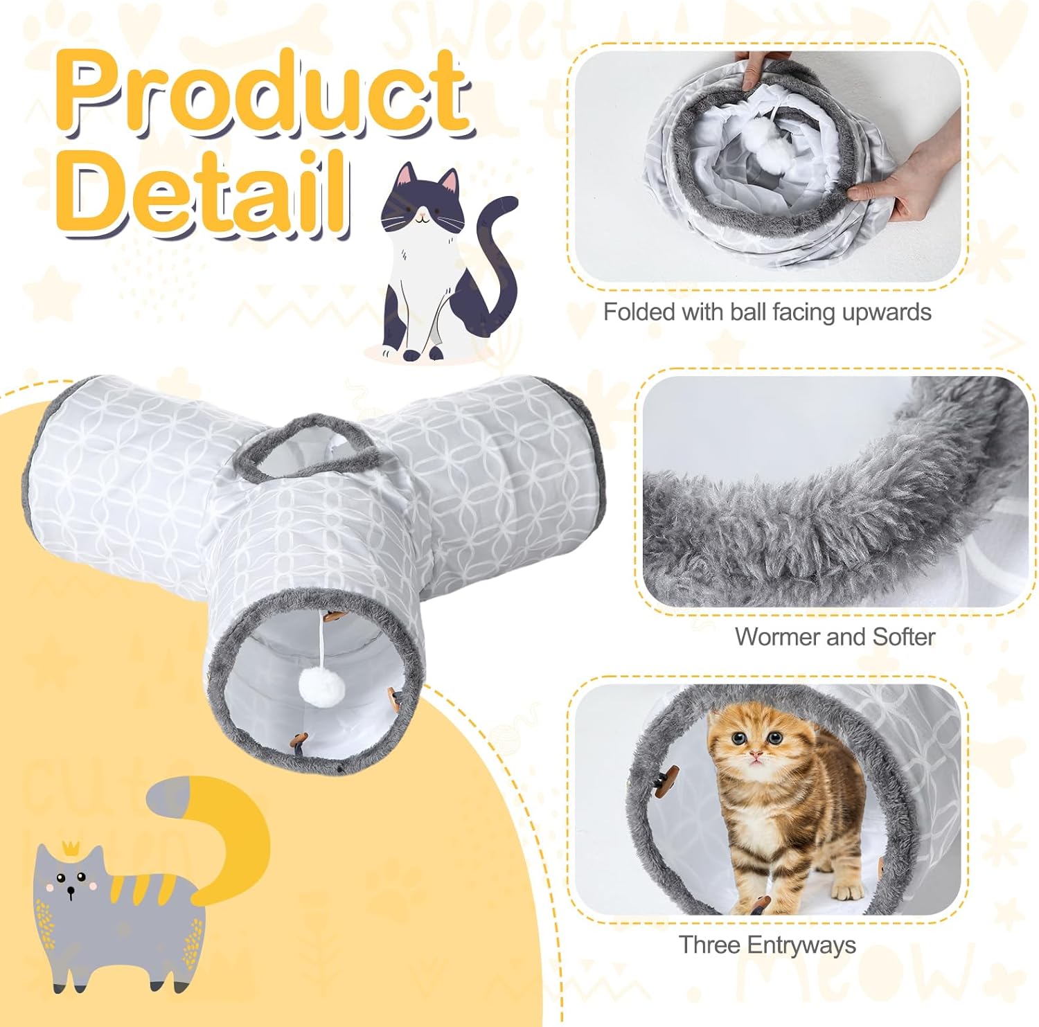 Soulchen 2 Pcs Geometric Cat Tunnel with Plush Inside Toys Collapsible Tunnel Tube with Balls for Cats, and Small Dogs, Gray Geometric Figure