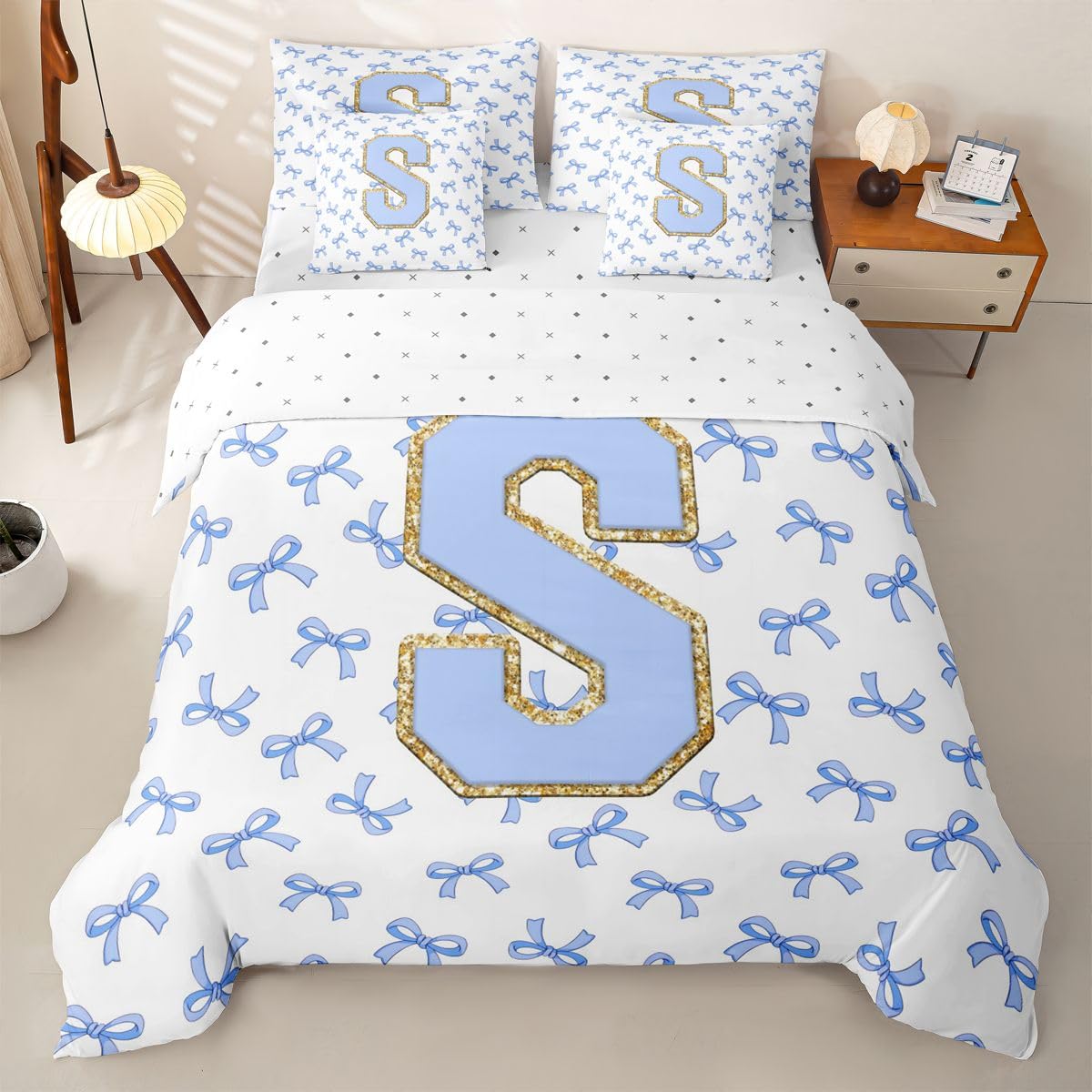 Loussiesd Sweet Blue Bows, copripiumino per letto super king, 7 pezzi