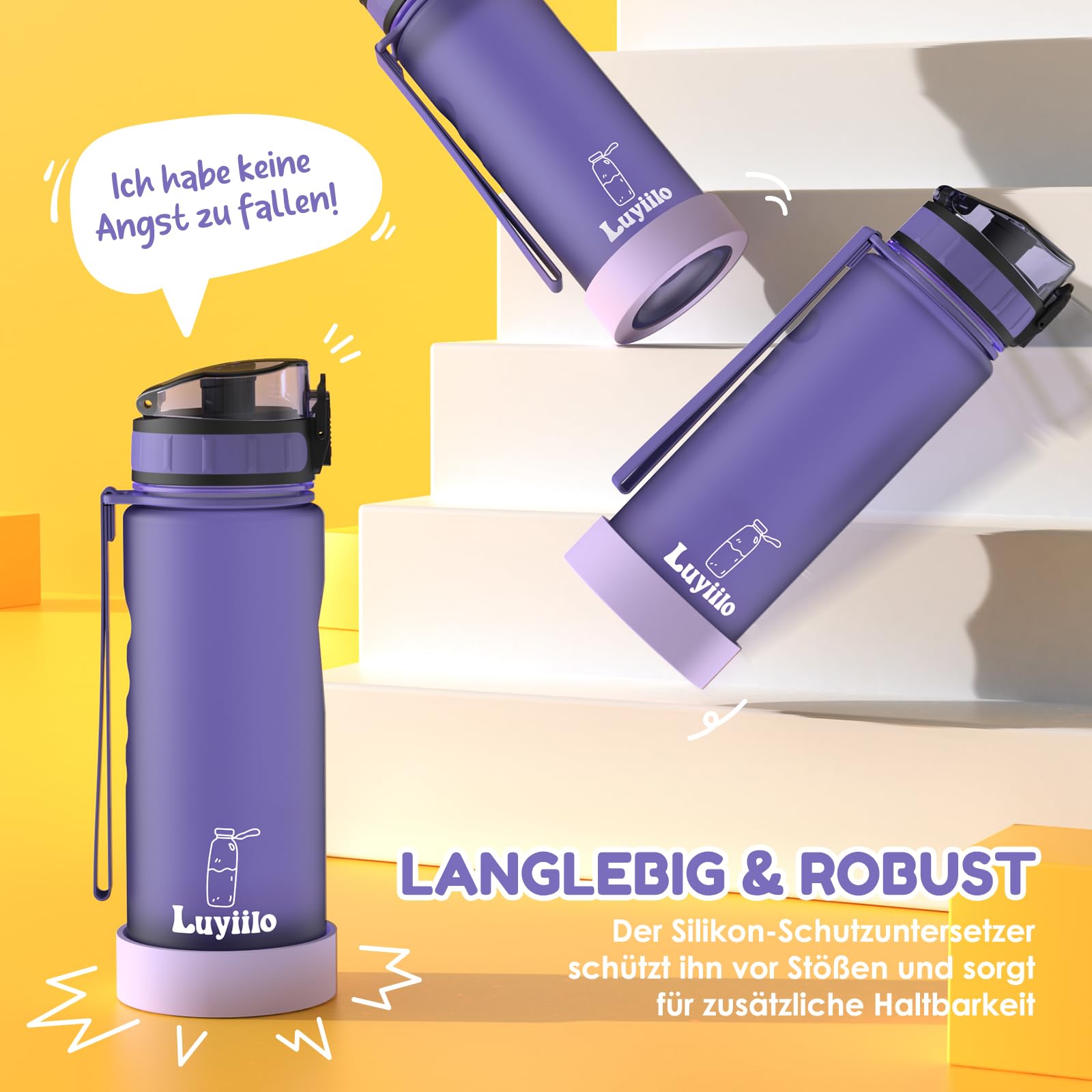 Luyiilo Botella infantil a prueba de fugas, 500 ml, apta para bebidas carbonatadas, sin BPA, botella con inserto de frutas y pegatinas, perfecta para guardería, escuela (morado)