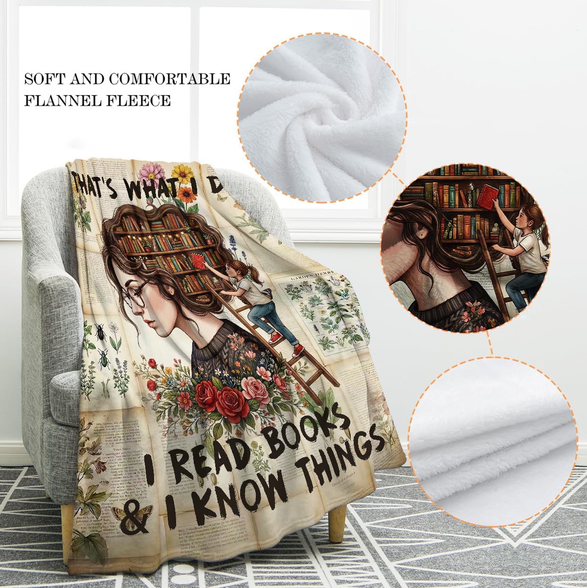 Jekeno Book Blanket 50x60 Inch Vintage Botanical Library Hair Print Soft Flannel Fleece Throw Blanket Gift for Book Lovers Scholars Women Men Teen