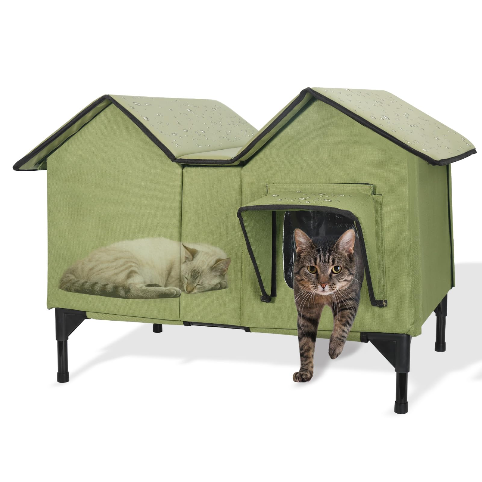 Katzenhaus im Freien, Extra Große wasserdichte isolierte Katzenkennel mit erhöhter Basis, Winterhaus für Indoor-Katzen und kleine Hunde im Freien, Wilde Katzenschutz für mehrere Katzen, Grün