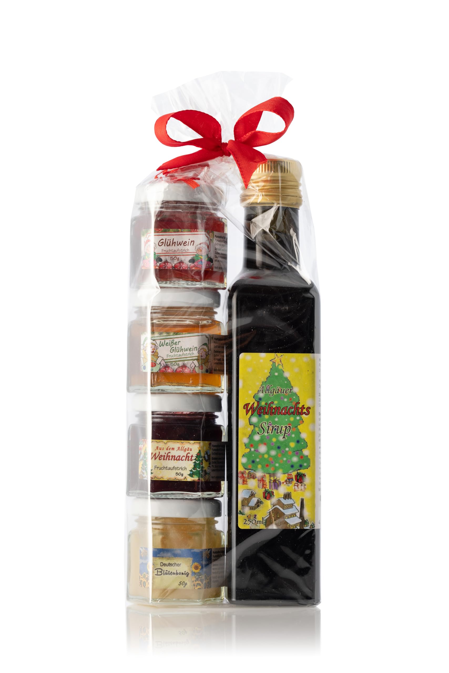 Geschenkset aus dem Allgäu | 250ml Weihnachtssirup für Glühwein und Punsch | Weihnachts Fruchtaufstriche-Honig Geschenkset | Handgemachte Fruchtaufstriche | Deutscher Honig (250ml+4x50g)