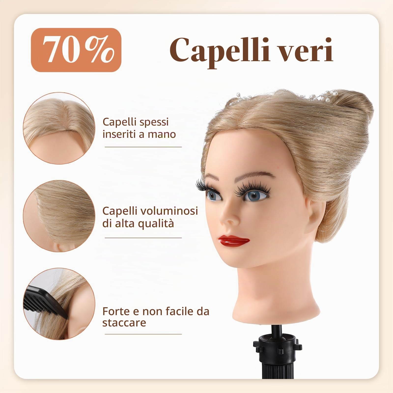 Testa per parrucchieri 70% Veri Capelli Manichino Cosmetologia Formazione Pratica Modello Capelli con Morsetto